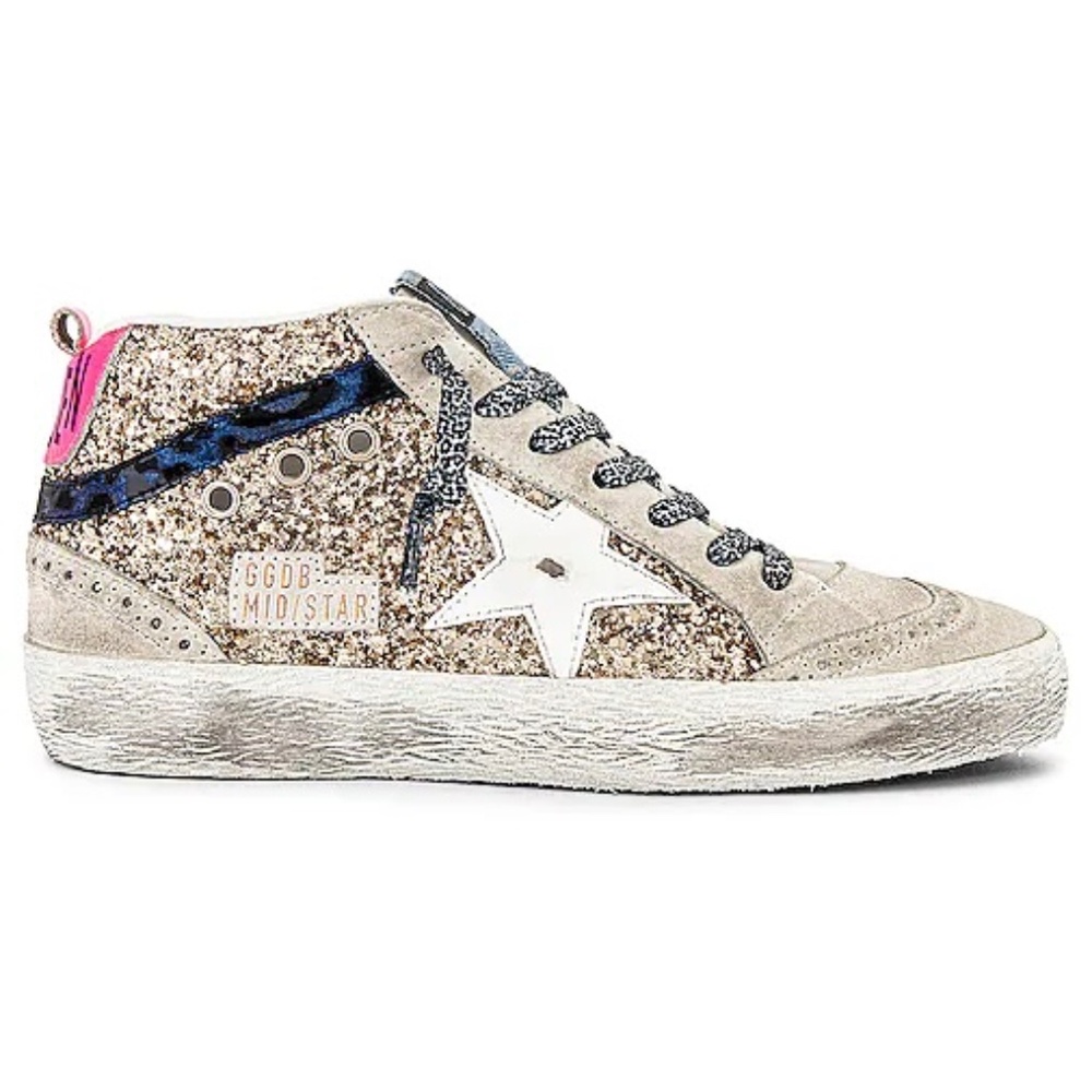 Mid Star Sneaker in Light Gold, Ice, White, & Black Blue GOLDEN GOOSE